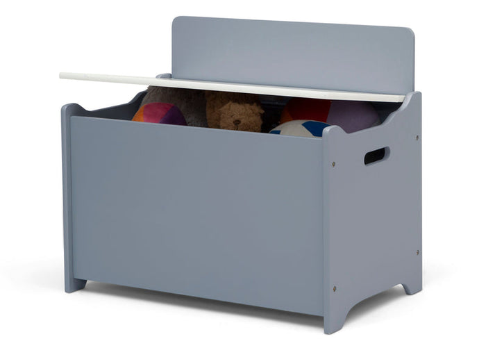 Gray toy box with colorful toys on a white background