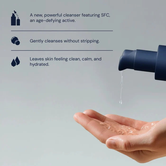 Product packaging with text about a new cleanser featuring SFC, and a hand holding the cleanser.