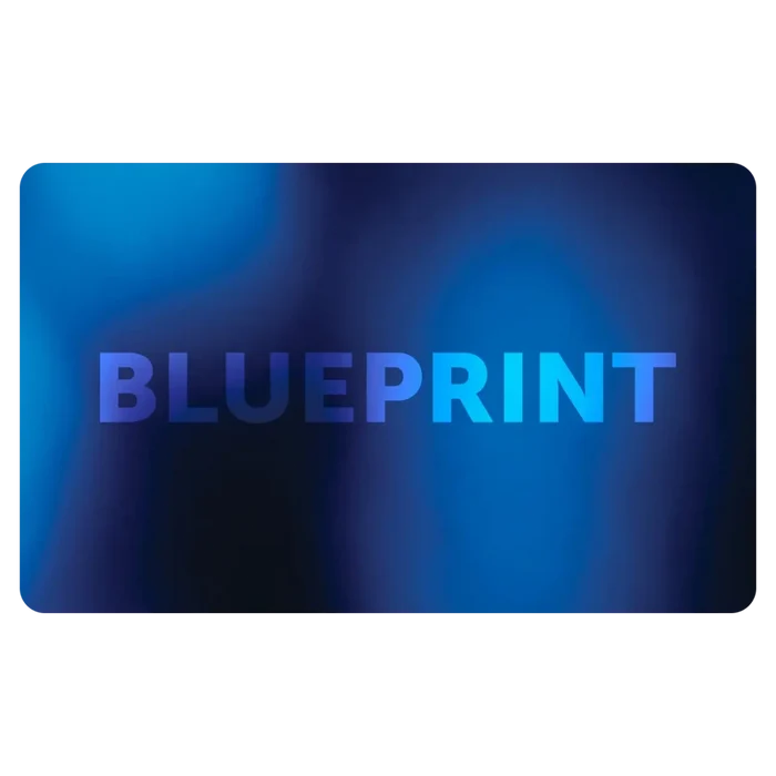 A gift card with a blue color gradient and the word 'BLUEPRINT' in capital letters.