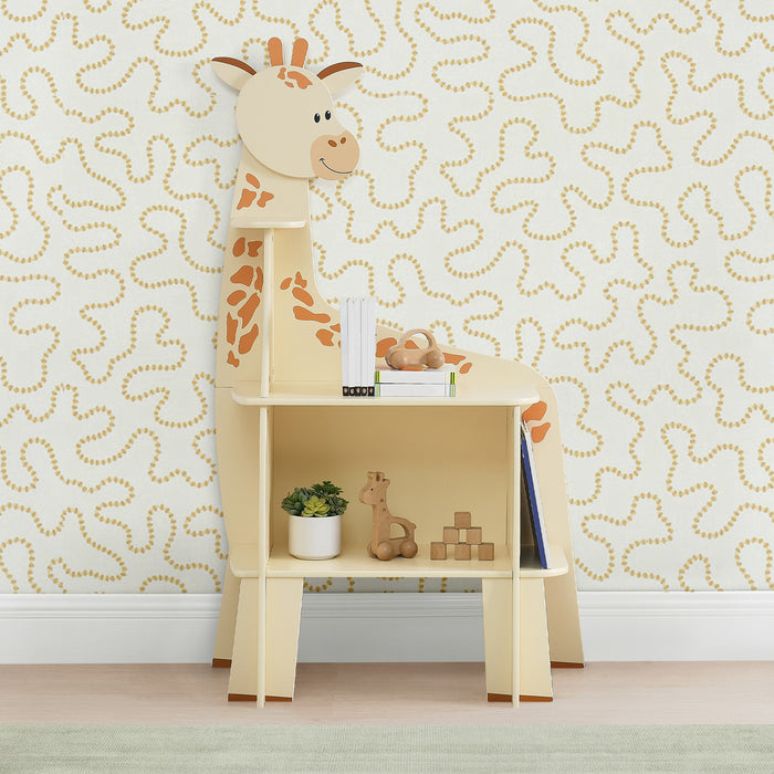 Children's bookcase designed with a giraffe motif, featuring six shelves and placed against a wall with giraffe patterned wallpaper.