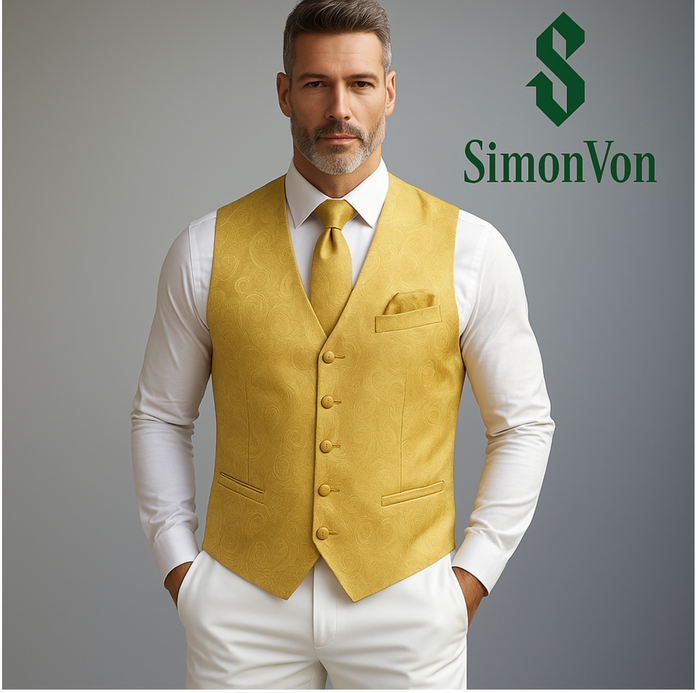 Golden Men's Flowers Paisley Pattern Print Waistcoat & Necktie Set-MJ-0143