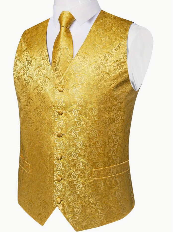 Golden Men's Flowers Paisley Pattern Print Waistcoat & Necktie Set-MJ-0143