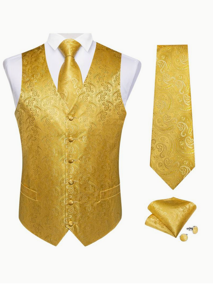 Golden Men's Flowers Paisley Pattern Print Waistcoat & Necktie Set-MJ-0143