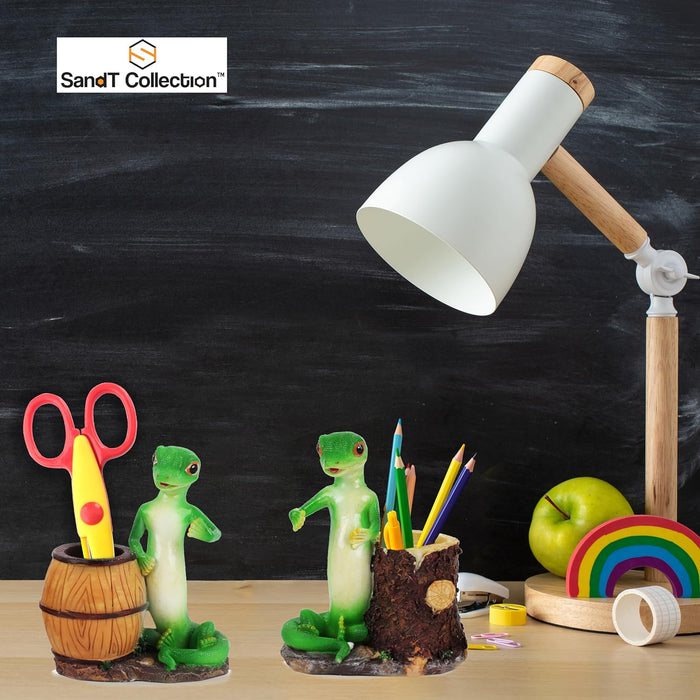 Green Gecko Pencil Holder with Tree Stump or Barrel Storage, Figurine Desktop Accessory (Tree Stump)