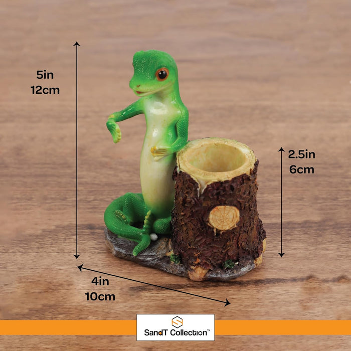 Green Gecko Pencil Holder with Tree Stump or Barrel Storage, Figurine Desktop Accessory (Tree Stump)