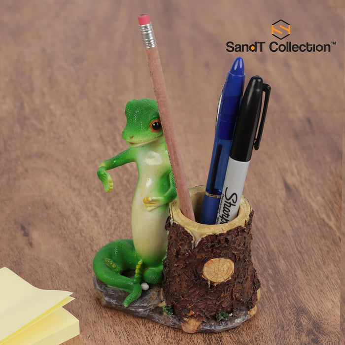 Green Gecko Pencil Holder with Tree Stump or Barrel Storage, Figurine Desktop Accessory (Tree Stump)