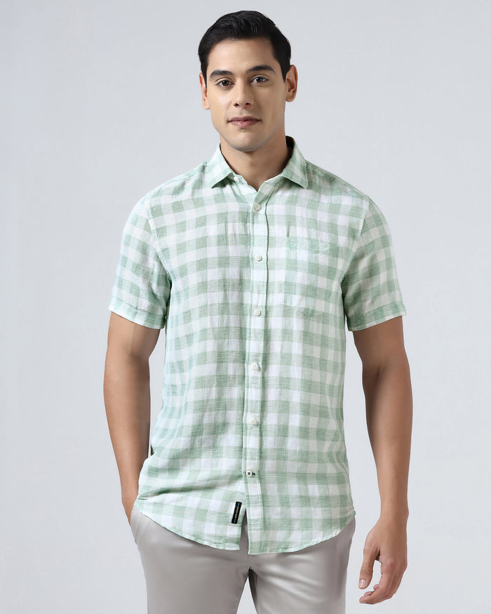Green Half Sleeve Linen Check Shirt - Yudi