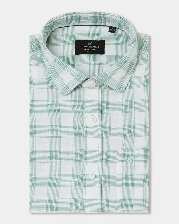 Green Half Sleeve Linen Check Shirt - Yudi
