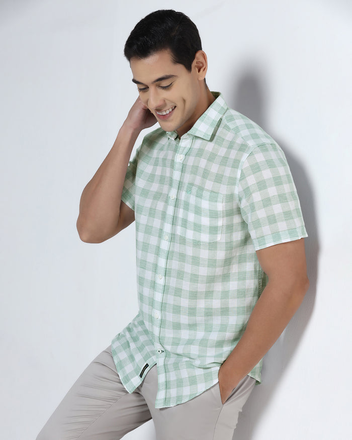 Green Half Sleeve Linen Check Shirt - Yudi