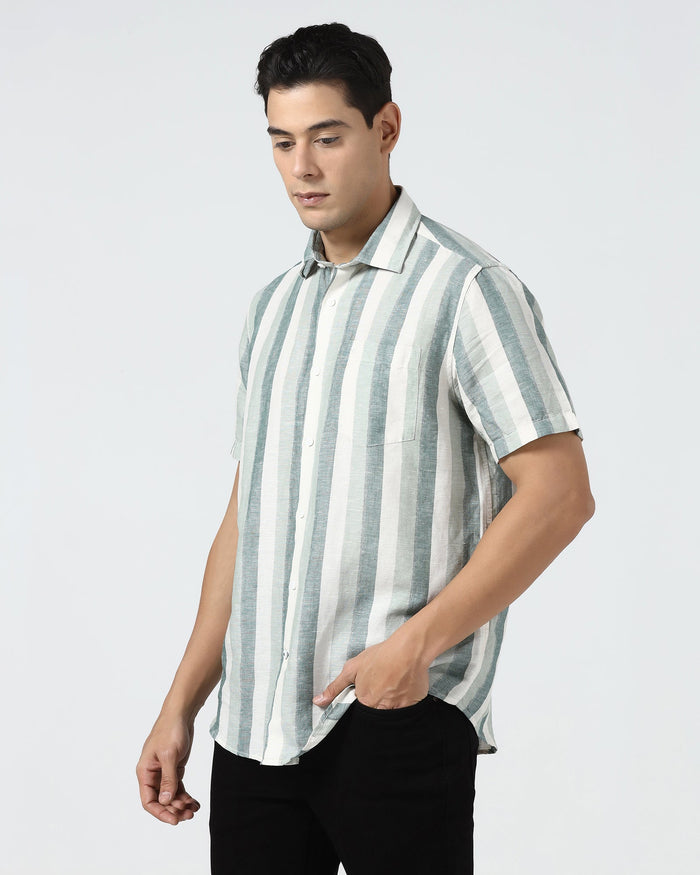 Green Half Sleeve Linen Stripe Shirt - Vintar