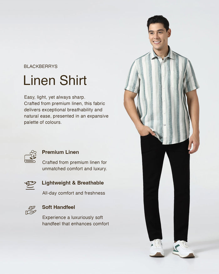 Green Half Sleeve Linen Stripe Shirt - Vintar