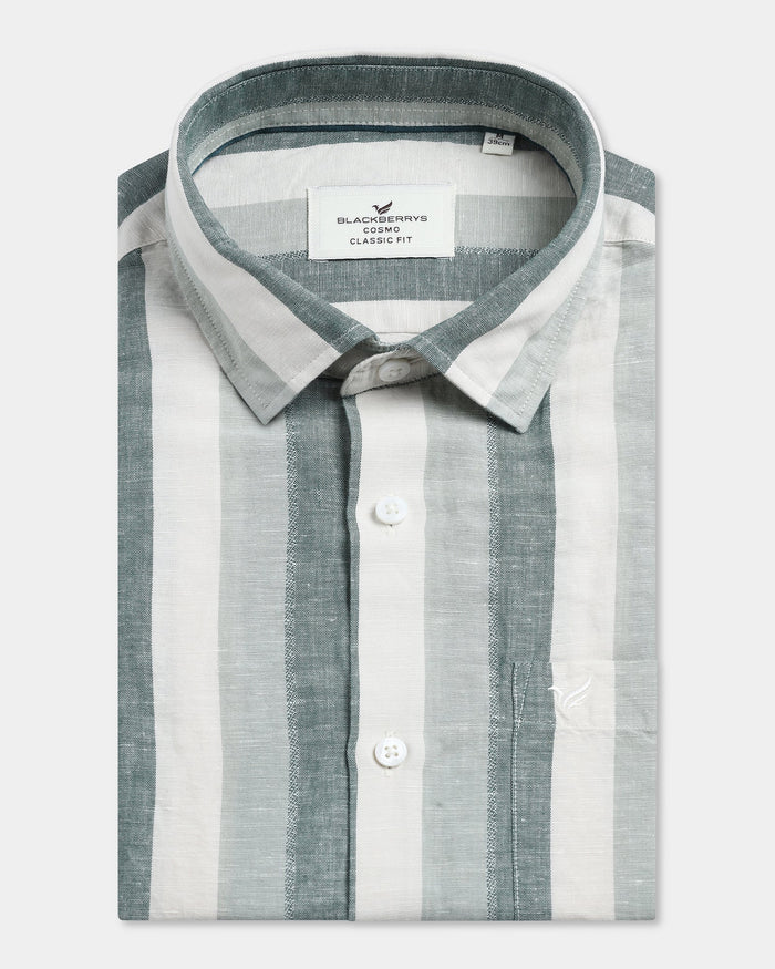 Green Half Sleeve Linen Stripe Shirt - Vintar