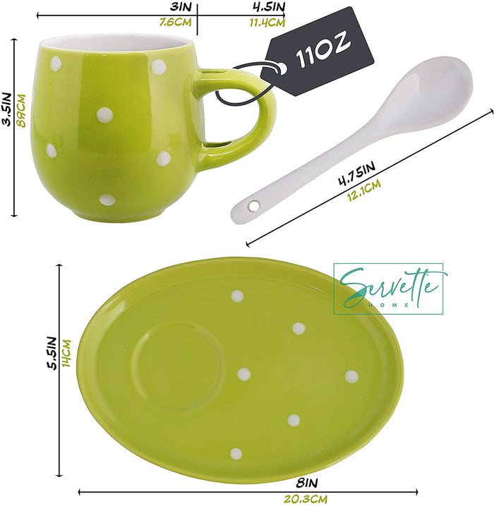 Green Polka Dot Cup and Saucer Set with Spoon