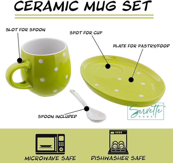 Green Polka Dot Cup and Saucer Set with Spoon