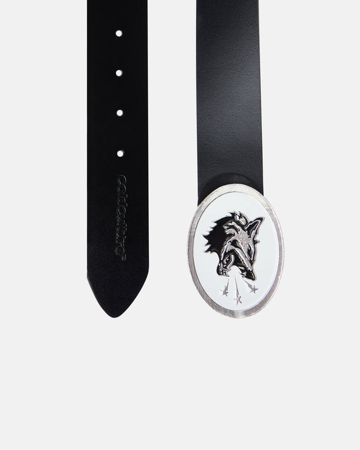 GRUNT LEATHER BELT - black leather belt, flat lay - Cold Culture