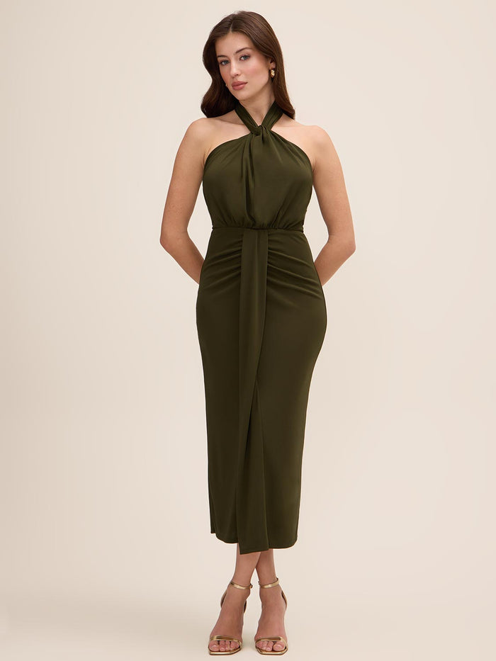 Khaki Twist Knot Halter Neckline Midi Dress - Woman Wearing Draped Skirt Detail Gown - Le Chateau