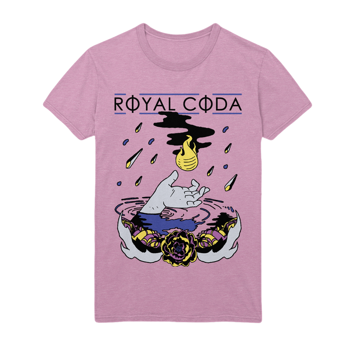 The Royal Coda Hand Flame Pink T-Shirt features “ROYAL CODA” above an image of a hand rising from water, reaching for a yellow flame among black smoke and droplets, with flowers framing the dramatic scene.