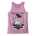 This Royal Coda women’s activewear pink tank top features the ROYAL CODA logo above a vibrant Hand & Flame design with rising hands, water drops, a yellow flame, floral accents, and striking graphic elements.