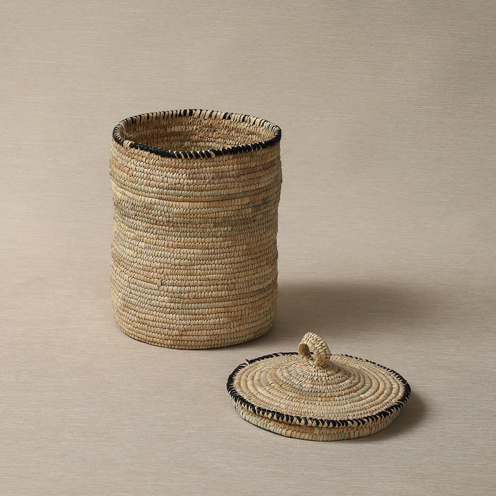 Hand made basket with leather trim