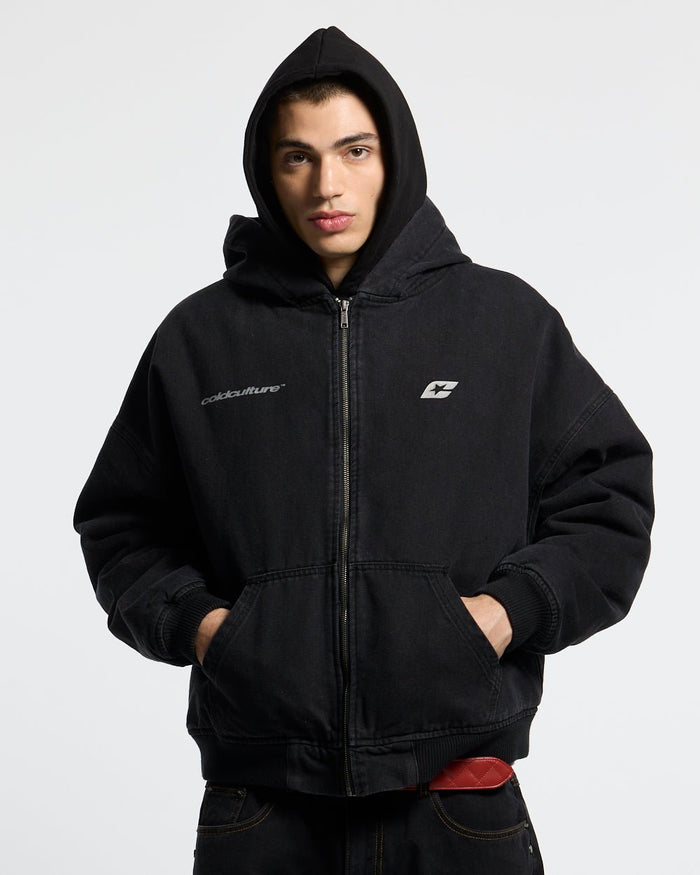 HARPER JACKET FADED BLACK DENIM - faded black denim jacket, front view on male model - Cold Culture #man