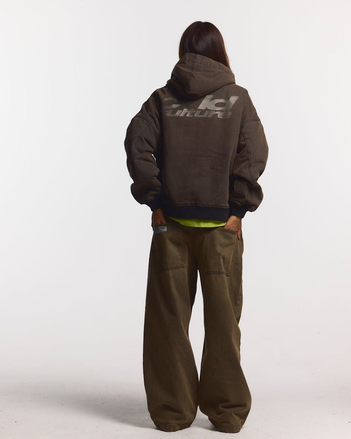 HARPER JACKET FADED DARK BROWN DENIM - faded dark brown denim jacket, back view on female model - Cold Culture #woman