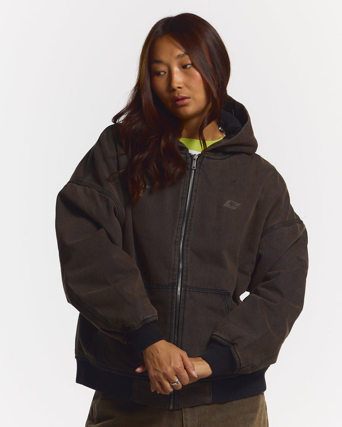 HARPER JACKET FADED DARK BROWN DENIM - faded dark brown denim jacket, front view on female model - Cold Culture #woman