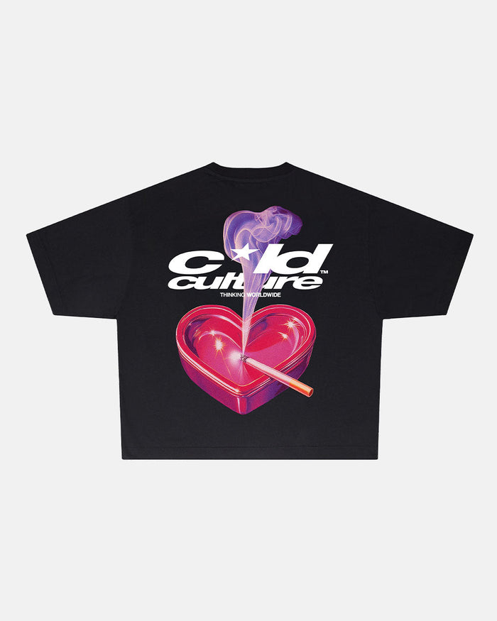 HEART ASHTRAY TEE BLACK - black graphic print tee, back view - Cold Culture