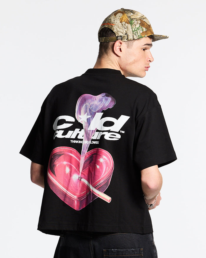 HEART ASHTRAY TEE BLACK - black graphic print tee, back view on male model - Cold Culture #man