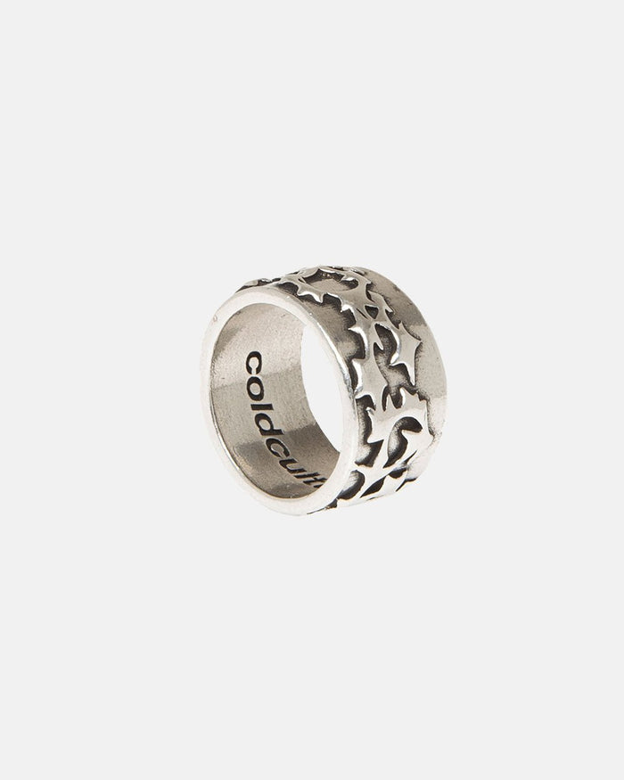 HEAVENLY RING - silver star patterned ring, front view - Cold Culture