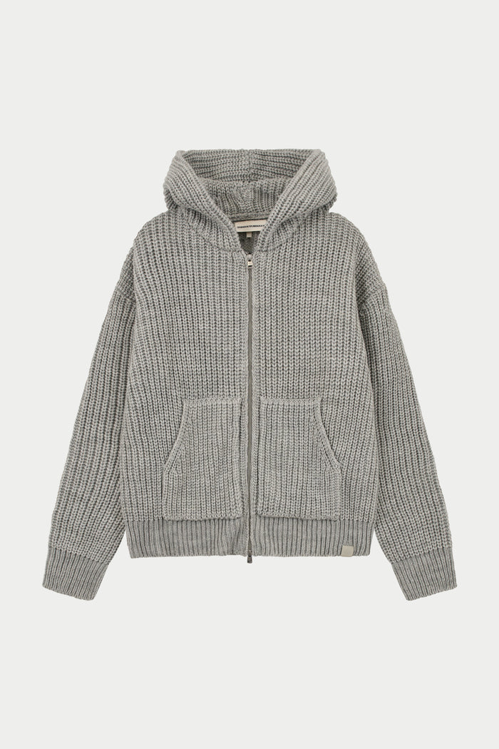 HEAVY RIB KNITTED ZIP THROUGH HOODIE - GREY MARL