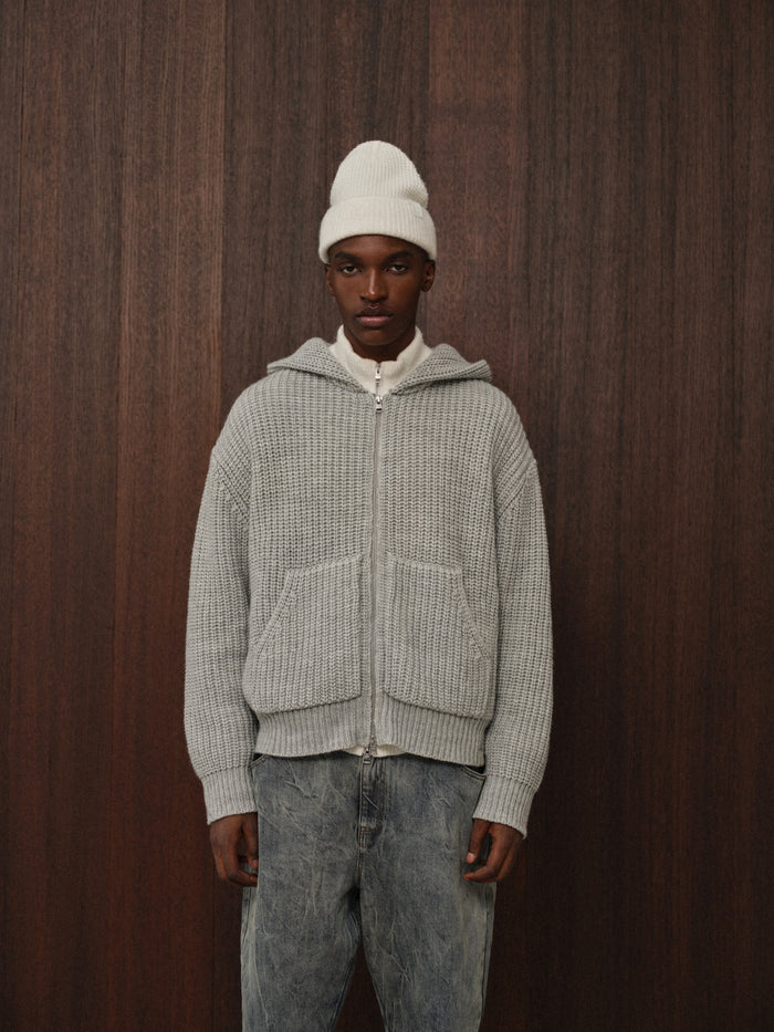 HEAVY RIB KNITTED ZIP THROUGH HOODIE - GREY MARL