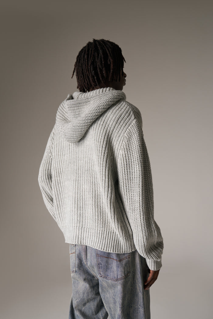 HEAVY RIB KNITTED ZIP THROUGH HOODIE - GREY MARL