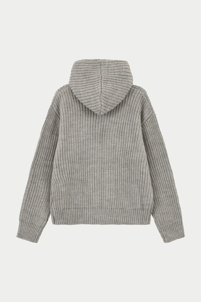 HEAVY RIB KNITTED ZIP THROUGH HOODIE - GREY MARL