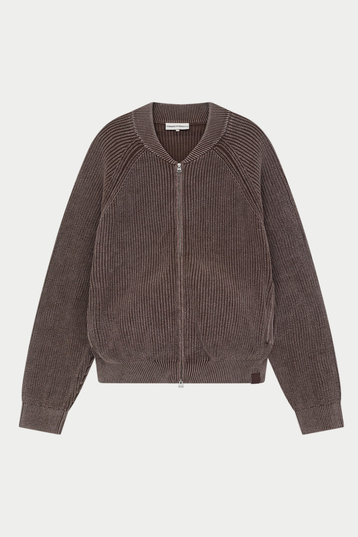 HEAVY WASHED RIB KNIT BOMBER - BROWN