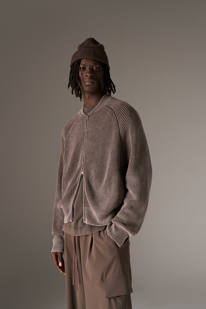 HEAVY WASHED RIB KNIT BOMBER - BROWN