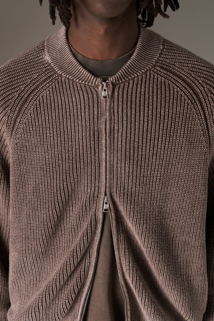 HEAVY WASHED RIB KNIT BOMBER - BROWN