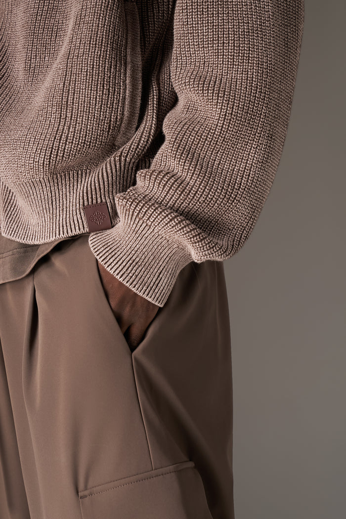 HEAVY WASHED RIB KNIT BOMBER - BROWN