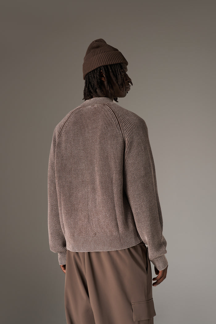 HEAVY WASHED RIB KNIT BOMBER - BROWN