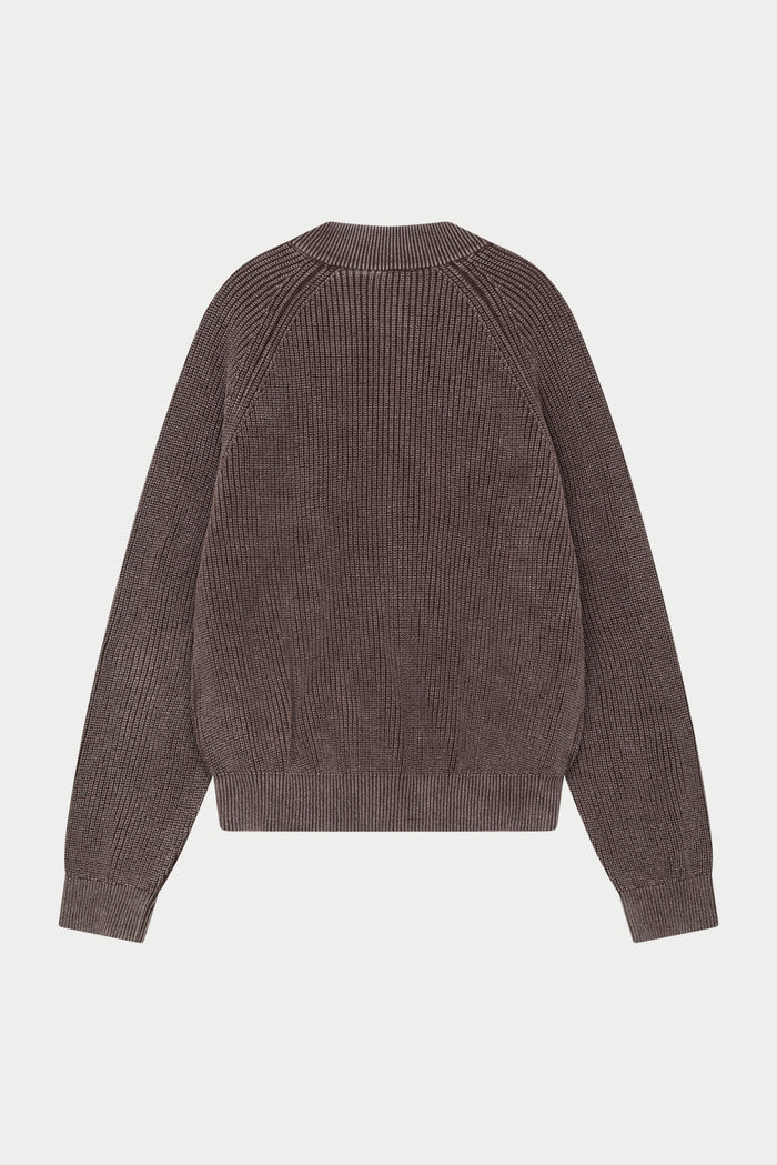 HEAVY WASHED RIB KNIT BOMBER - BROWN