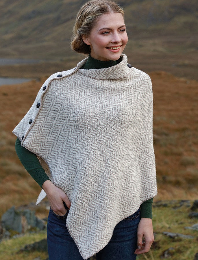 Herringbone Merino Poncho with Button Detail - White/Wicker #color_white-wicker