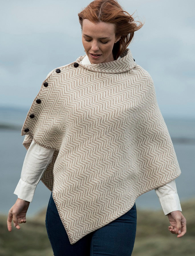 Herringbone Merino Poncho with Button Detail - White/Wicker #color_white-wicker