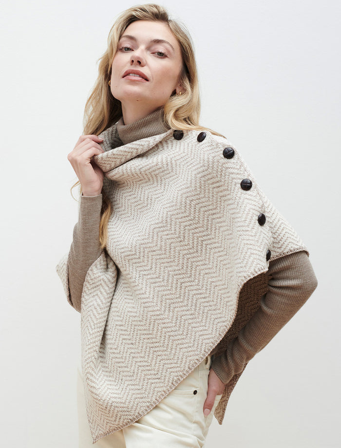 Herringbone Merino Poncho with Button Detail - Wicker/White #color_wicker-white