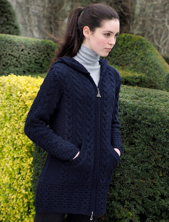 Hooded Coatigan with Celtic Knot Zipper Pull - Navy #color_navy
