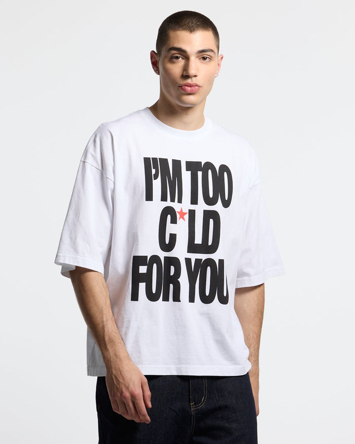IM TOO COLD TEE WHITE - white oversized graphic tee, front view on male model - Cold Culture #man