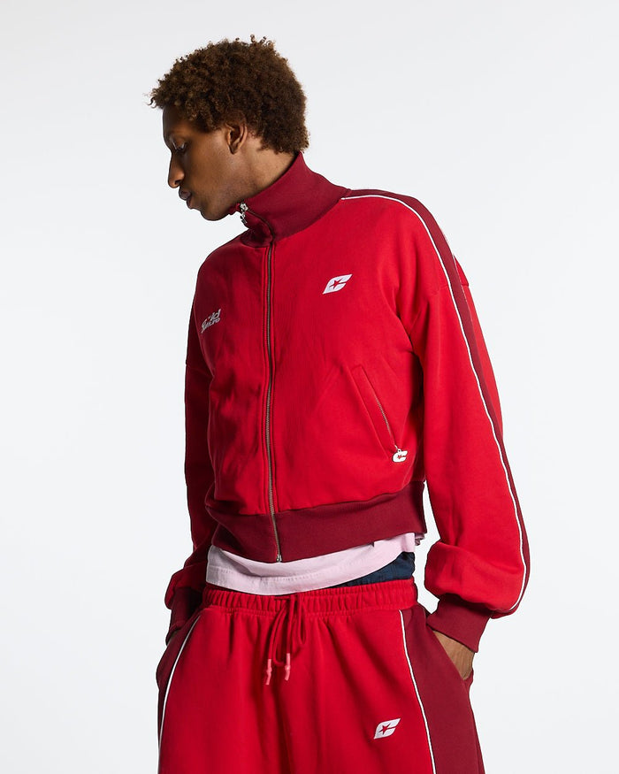 JET LAG JACKET RED - red and burgundy zip-up hoodie, front view on male model - Cold Culture #man