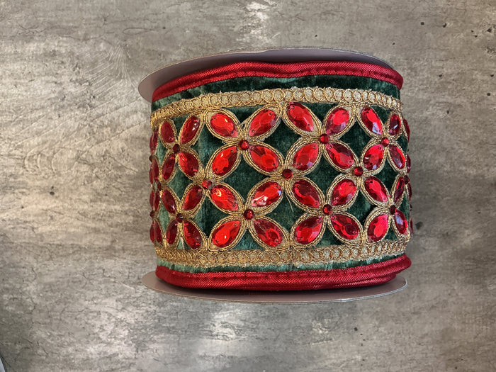 JME Green Velvet Red Floret Center Metallic Dupion Trim Red