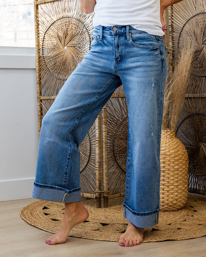 Kancan Jennifer Rolled Cuff Wide Leg Jeans - Medium Wash KanCan