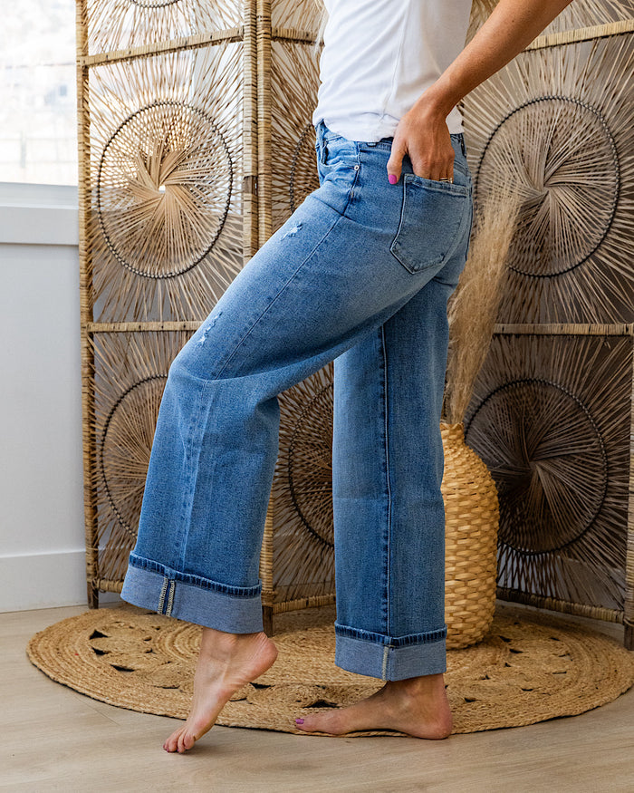 Kancan Jennifer Rolled Cuff Wide Leg Jeans - Medium Wash KanCan