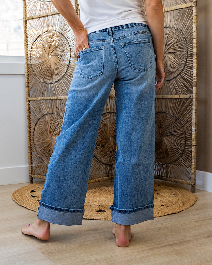 Kancan Jennifer Rolled Cuff Wide Leg Jeans - Medium Wash KanCan