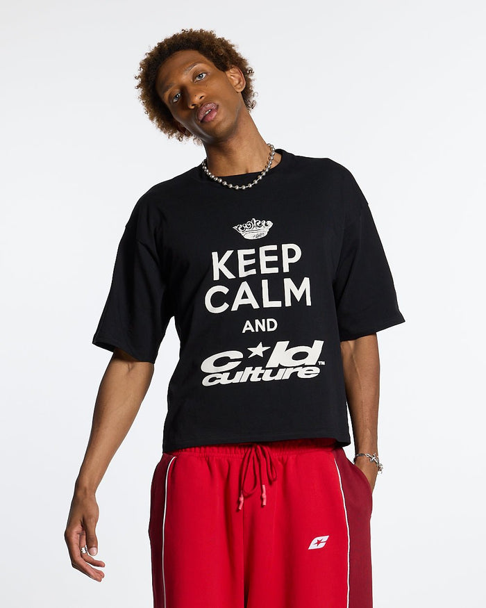 KEEP CALM TEE BLACK - black graphic print tee, front view on male model - Cold Culture #man